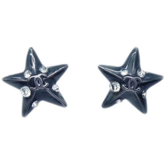 Chanel Star Rhinestone Piercing Earrings Black - Picture 1 of 4